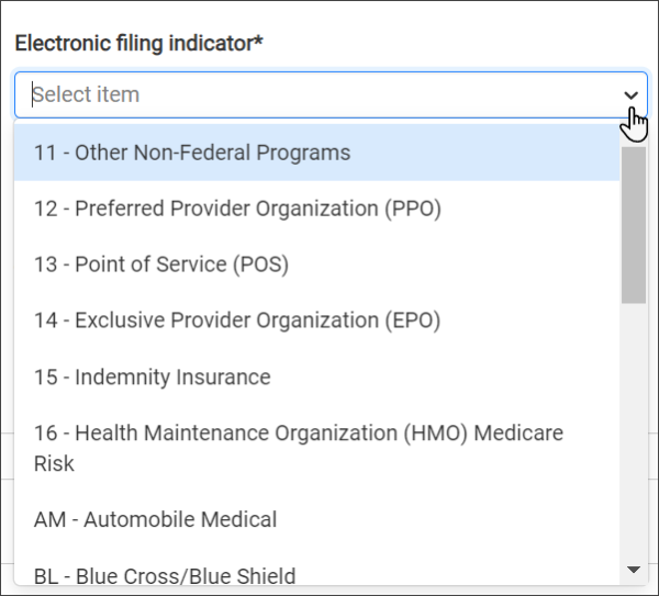 Select the electronic filing indicator from the list. Select the electronic filing indicator from the list.